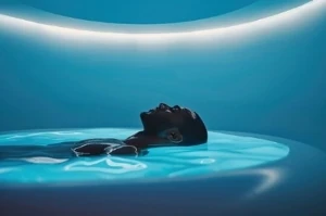 Een persoon drijft ontspannen in warm zout water.